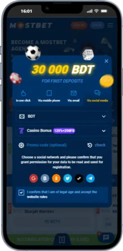 Mostbet social network sign up screen