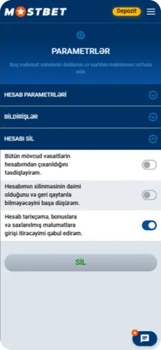 Mostbet hesab ayarları bölməsi hesabın silinməsi seçimi ilə