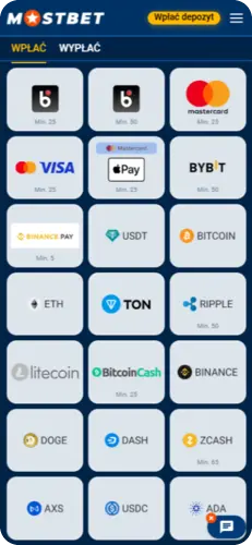 Metody wpłat i wypłat w aplikacji Mostbet z obsługą kart i kryptowalut
