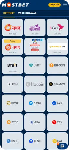 Mostbet deposit and withdrawal methods screen in the app