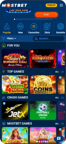 Mostbet casino games section with slots and crash games