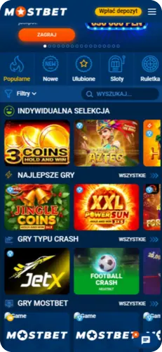 Sekcja gier kasynowych Mostbet z popularnymi slotami