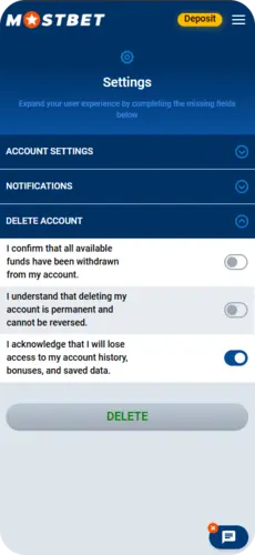 Mostbet account settings screen with delete account option