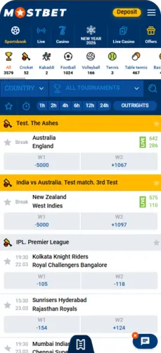 Mostbet login bd main app interface with sports events and navigation menu
