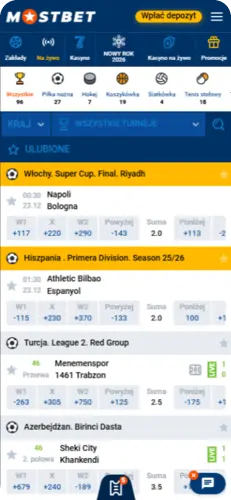 Zakłady sportowe w aplikacji Mostbet z listą wydarzeń i kursów