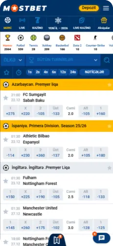 Mostbet tətbiqində idman mərcləri tədbirlər və əmsallarla