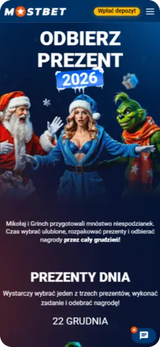 Ekran promocji sezonowej Mostbet z ofertą prezentów zimowych